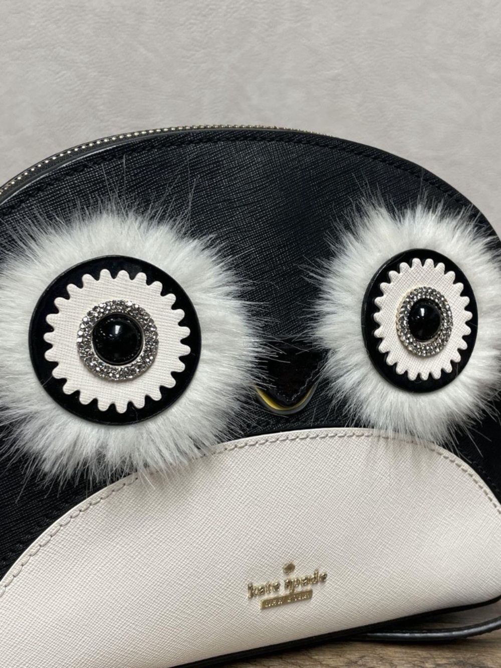 Kate Spade Black Cream Leather Owl Crossbody Bag Gold Hardware - Picture 2 of 8